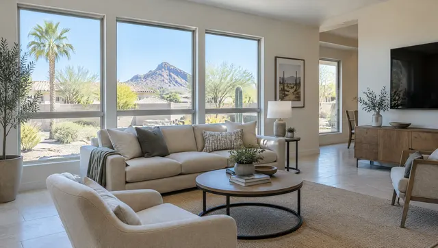 West-facing living room in a Tempe home with large new dual-pane Low-E windows, bright desert afternoon sun outside but soft cool light inside, neutral furniture and tile floor