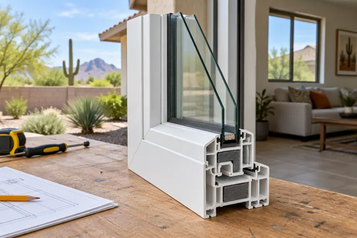 Cutaway corner of an insulated multi-chamber vinyl window frame with dual-pane glass, on a workbench