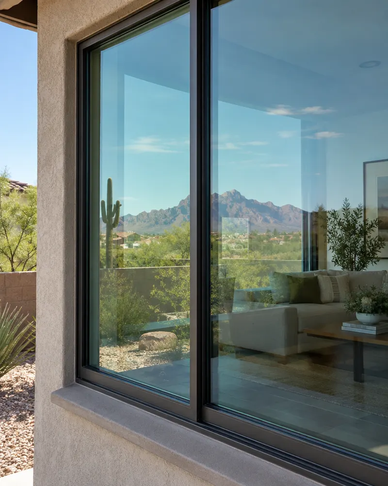 Close-up of a dual-pane Low-E window with a faint blue-green tint reflecting the desert sky