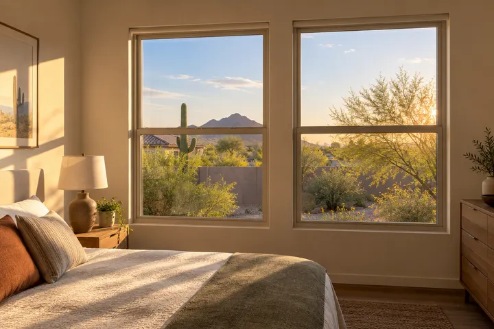 West-facing bedroom wall with new dual-pane windows and afternoon desert sunlight streaming in at a low angle