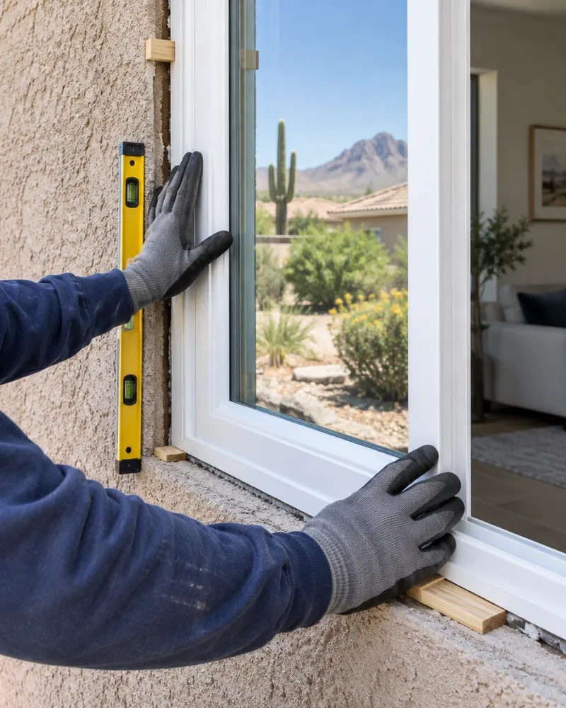 Close-up of an installer's gloved hands pressing a new white vinyl window frame into a stucco opening, level and shims visible, no face visible