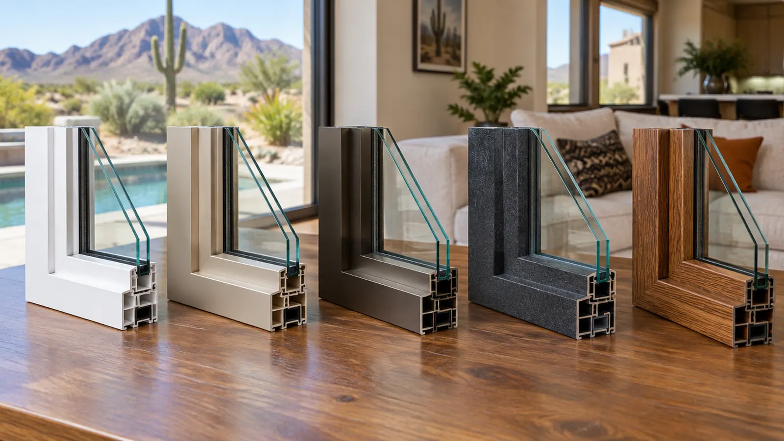 Window frame corner samples arranged on a table: white vinyl, tan vinyl, bronze aluminum, dark fiberglass and wood-look frames, each showing a cross-section of dual-pane glass