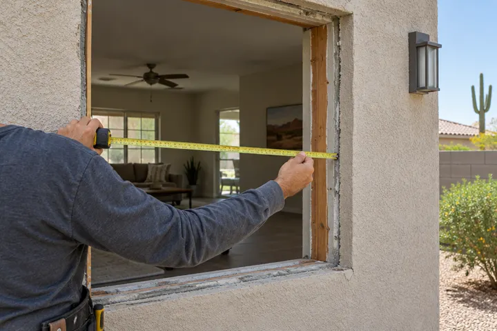 Installer measuring a window opening with a tape measure in a stucco wall after the old frame was removed, no face visible