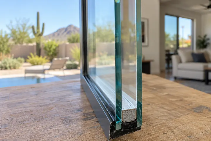 Close-up cross-section of a dual-pane insulated glass unit showing two panes, the spacer and the gap between them, on a workbench