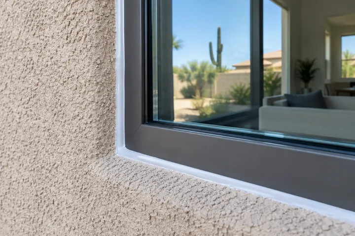 Fresh exterior sealant bead around a new window frame where it meets the stucco, close detail