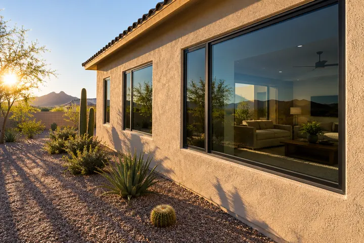 Strong desert sun hitting the west wall of a Tempe stucco home with new tinted Low-E windows, long shadows on gravel