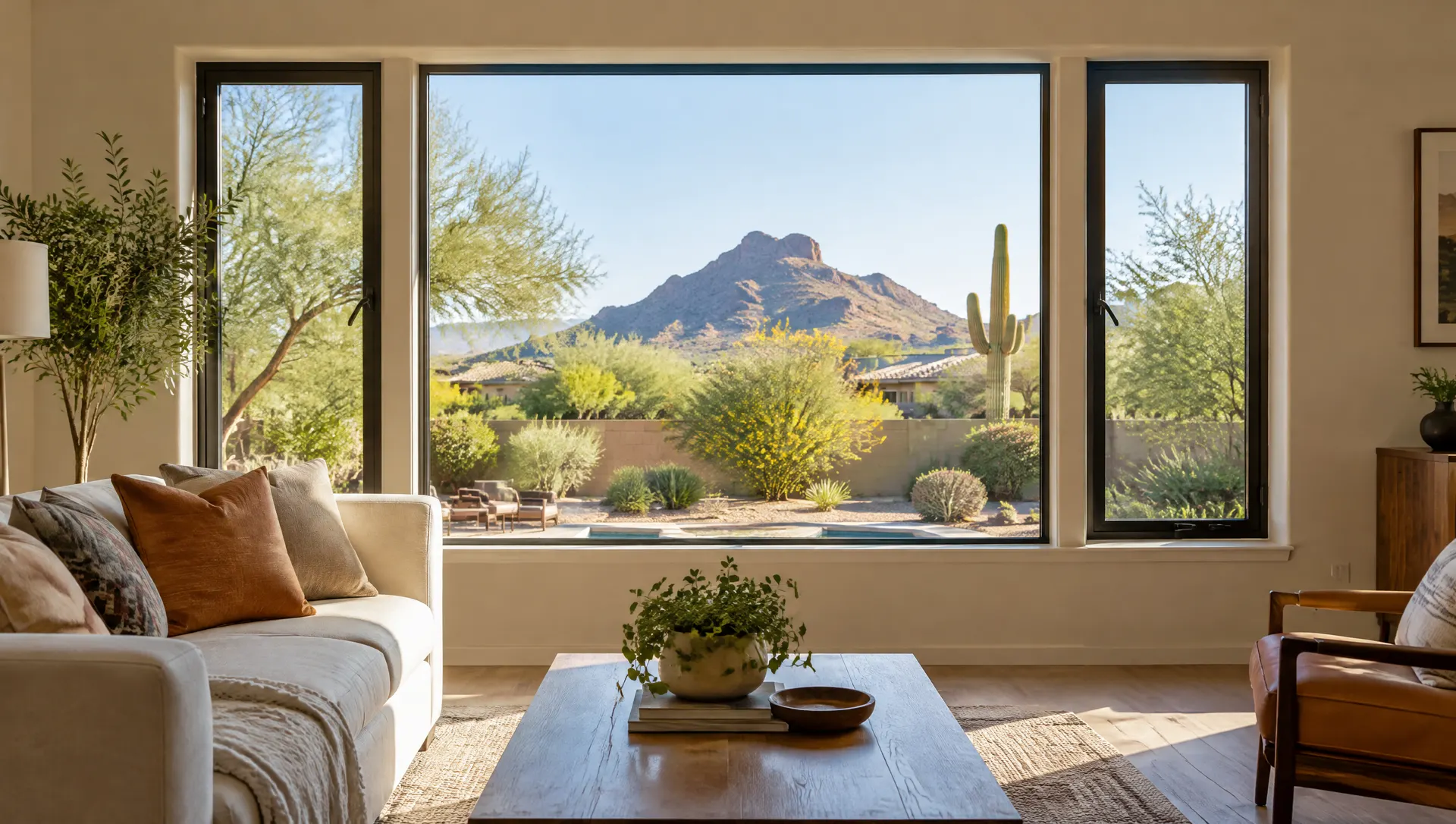 Large fixed picture window flanked by casement windows in a Tempe living room looking out at a desert backyard and distant butte, warm natural light