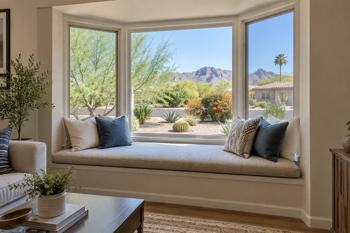 Angled three-panel bay window with a deep seat cushion inside a living room
