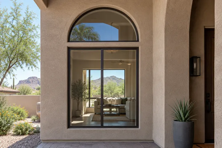 Arched transom window above a tall rectangular window in a stucco entry