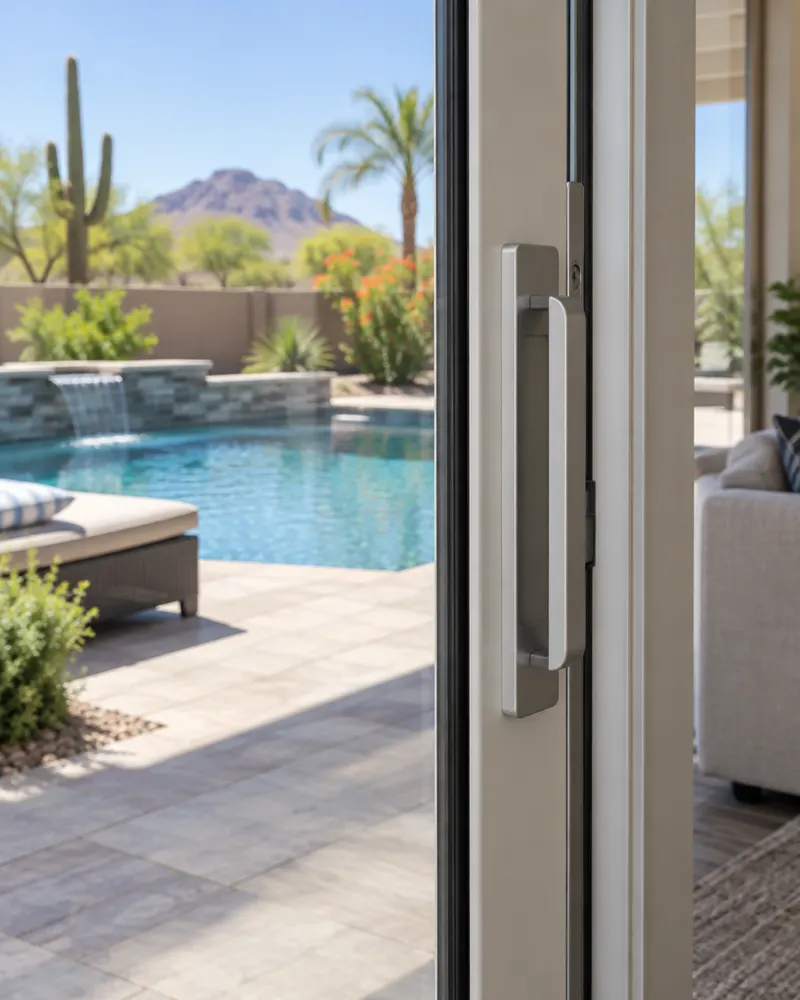 Close-up of the handle and frame of a new sliding glass patio door, backyard pool blurred beyond