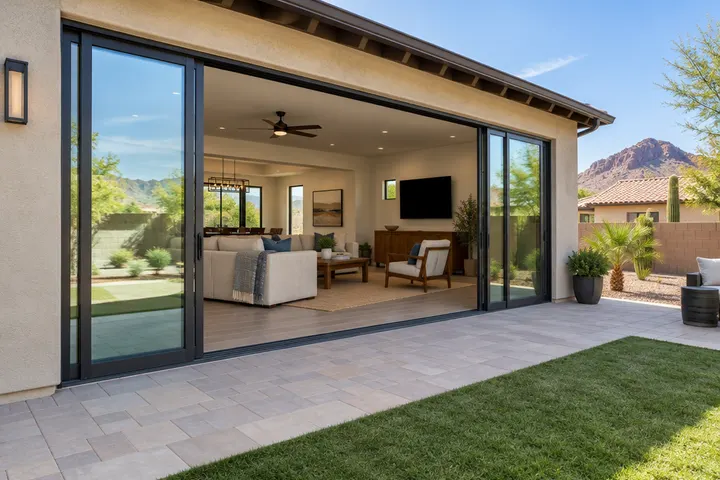 Wide multi-panel sliding glass door opening a family room to a backyard in Tempe