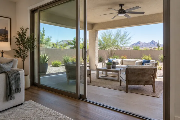 Sliding glass patio door partly open onto a covered patio with outdoor seating and a ceiling fan