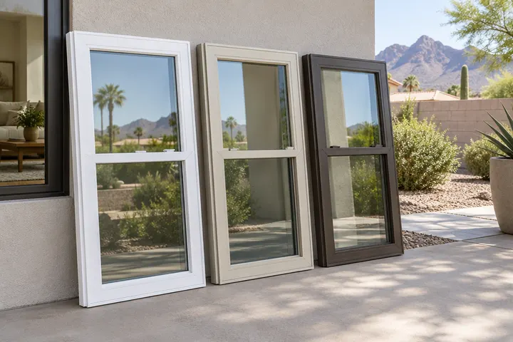 Three vinyl window frames in white, almond and dark bronze leaning against a wall