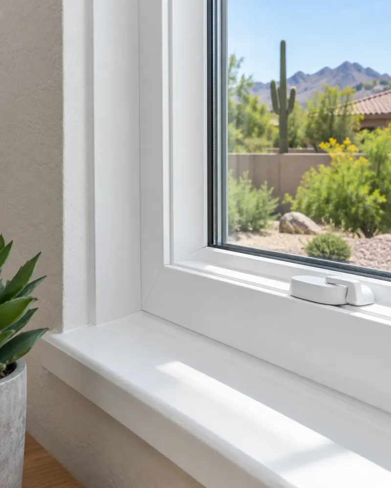 Close-up of the corner of a new white vinyl window with a welded frame and a smooth sash lock