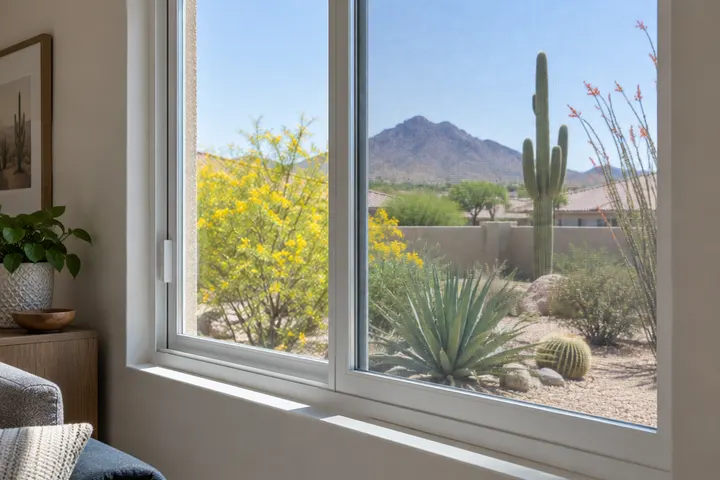 Vinyl window with a new fiberglass insect screen and desert plants outside