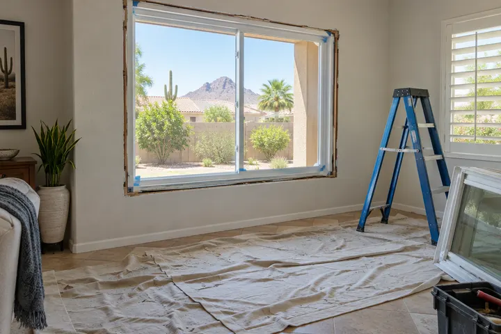 Drop cloths protecting a tile floor beneath a window being replaced inside a home