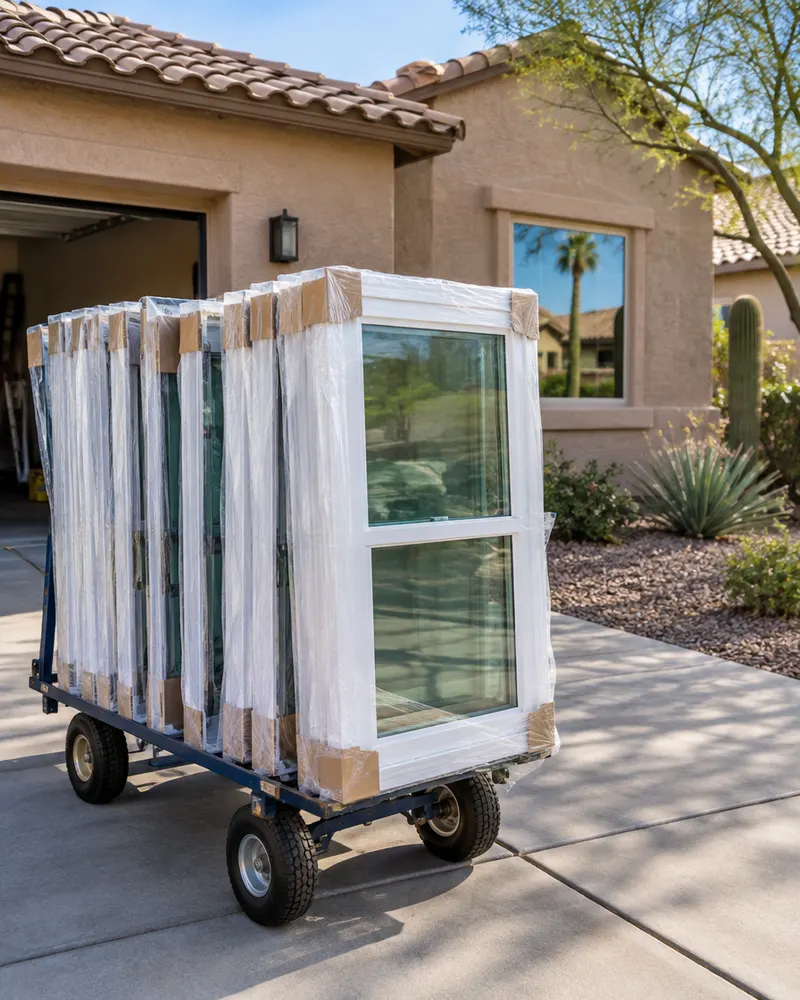 Stack of new wrapped vinyl windows on a cart in a driveway ready for installation, stucco home behind
