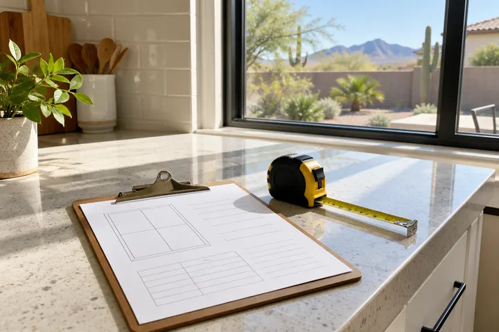Clipboard with a blank window measurement sheet and a tape measure on a kitchen counter, sunlit
