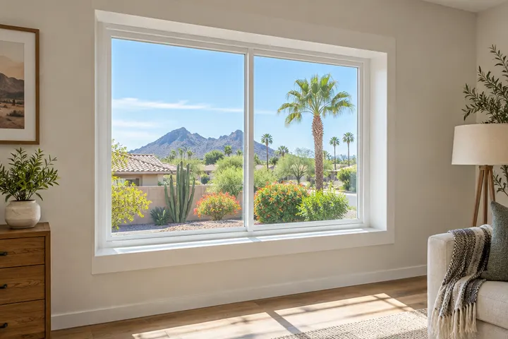 Interior view of a newly replaced window with clean white trim and drywall returns, sunlit room