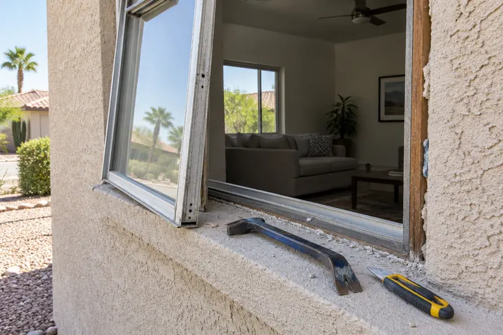 Old silver aluminum window frame partly pulled out of a stucco wall opening during a window replacement, a pry bar and utility knife resting on the sill, no people